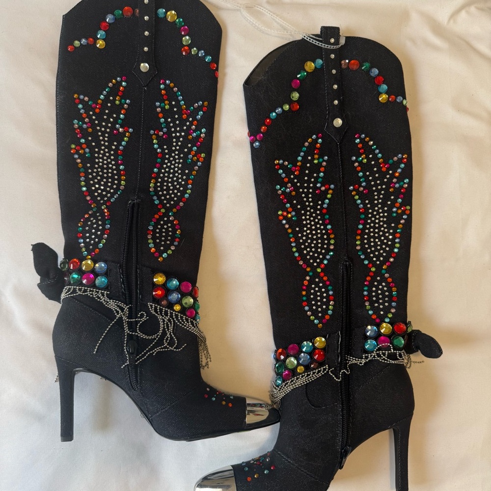 Rhinestone Embellished Black Heeled Boots